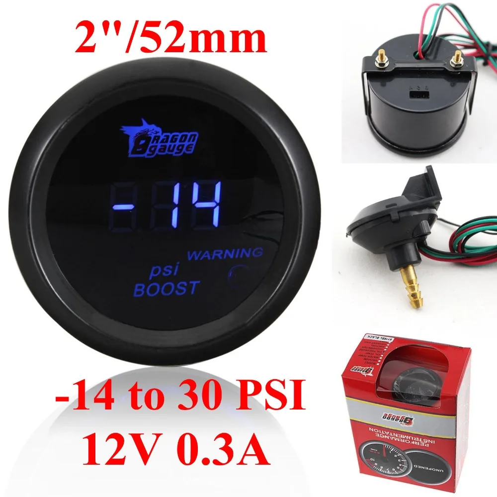 DRAGON GAUGE 52MM Boost Turbo Gauge Black Color Digital Blue Led 14