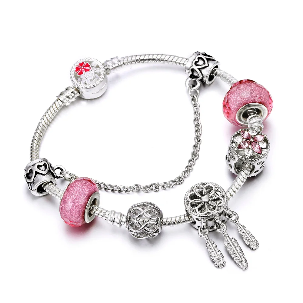 Женские ювелирные изделия серебряный браслет с шармами& Браслеты с вишневым цветком слон жемчужный кулон браслет с бусинами из кристаллов для девочек прекрасный подарок - Окраска металла: 07