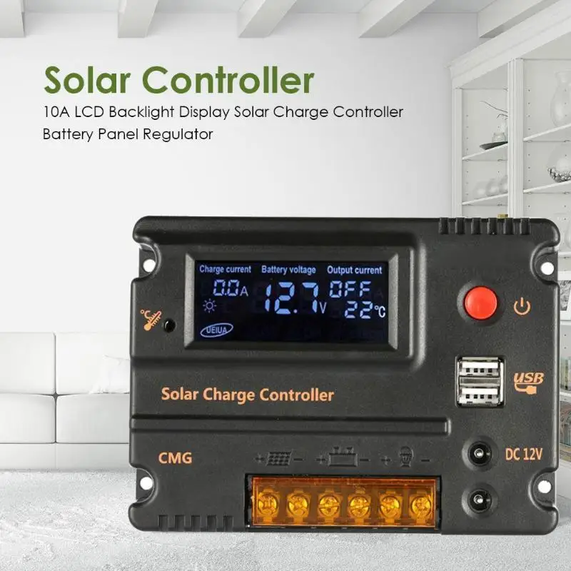 

10A 12V/24V LCD Display Solar Controller PWM Solar Panel Automatic Regulator Automatic Identification of Lead-Acid Battery