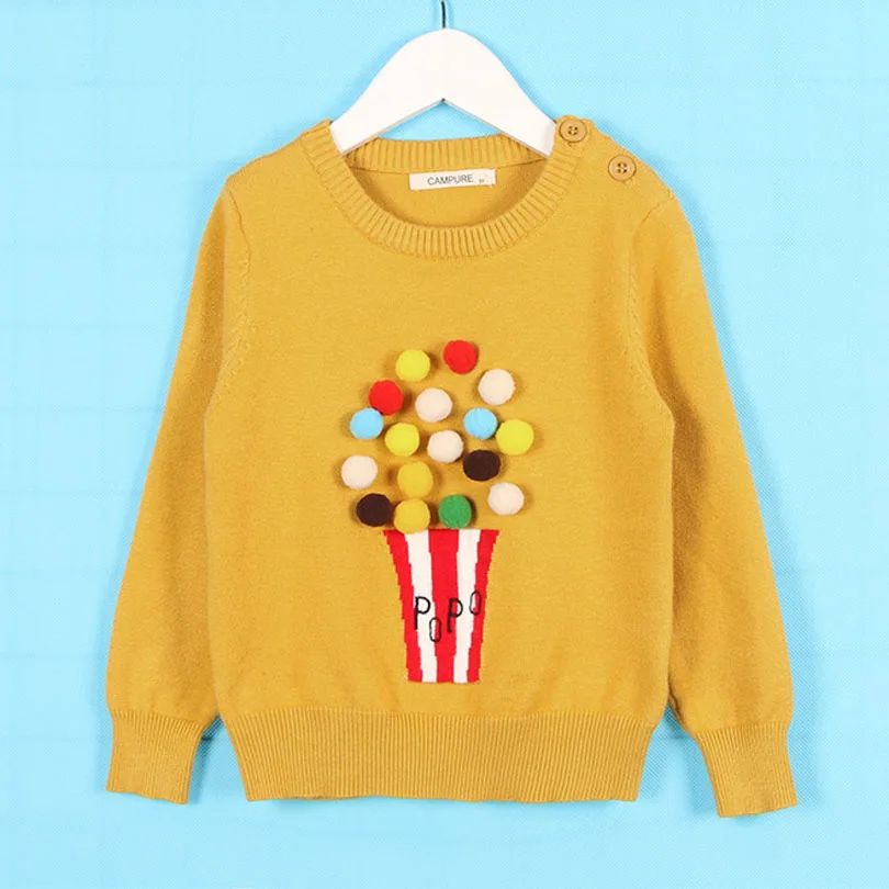 Весенний, зимний, осенний свитер для маленьких девочек, детский трикотаж, свитера с рисунком «попкорн» для девочек, вязаный свитер, пуловер, одежда, желтый, серый, розовый - Цвет: Цвет: желтый