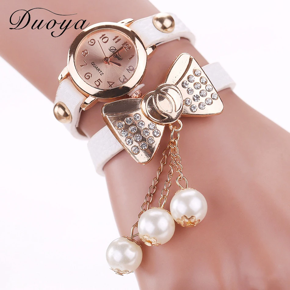 

Duoya Brand Watch Women Fashion Bow Pearl Pendant Bracelet Watch Vintage Women Quartz Wristwatch Casual Crystal Rhinestone Watch