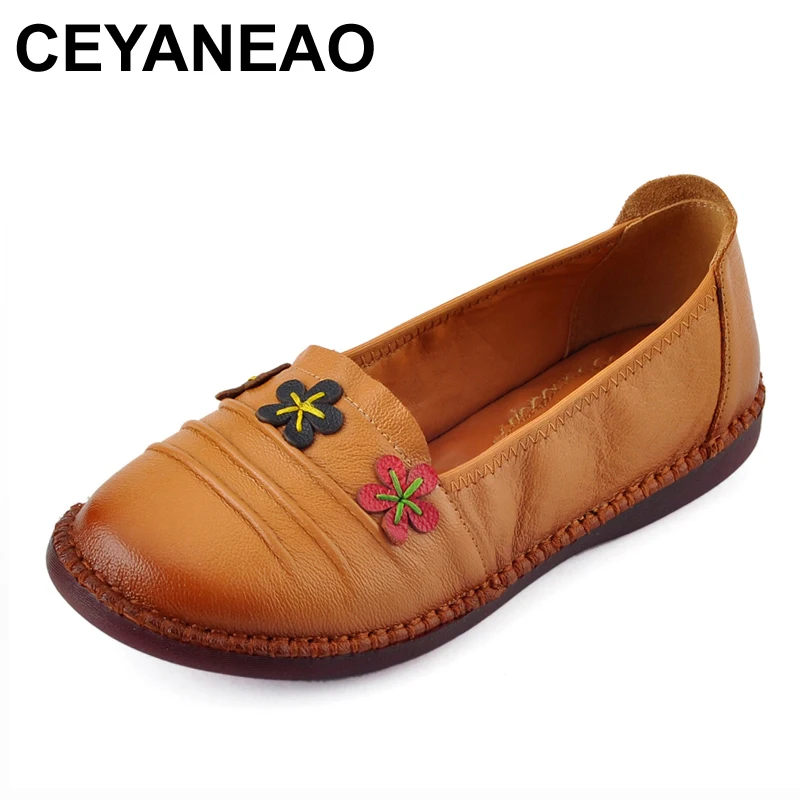 

CEYANEAOFashion Handmade Flower Flats Genuine Leather Comfortable Women's Shoes Round Toe Anti-skid Large size Casual Elderly Sh
