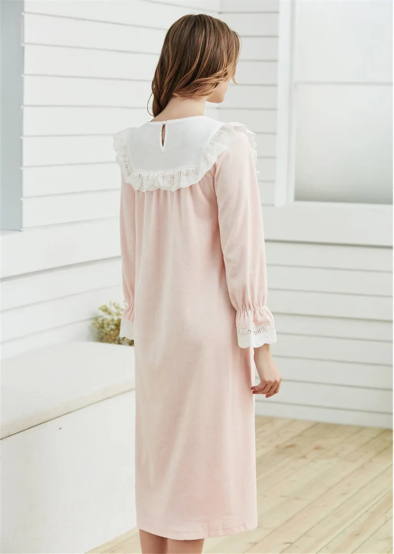 Викторианский Стиль розовый длинная хлопчатобумажная ночная рубашка Для женщин пижамы осень-зима Домашняя одежда Винтаж вышивка рябить