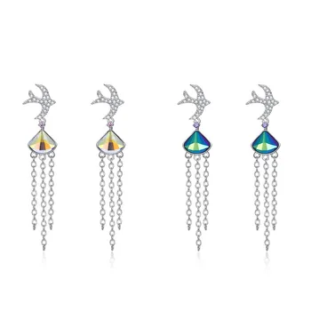 

Elegant Women Drop Earrings 925 Sterling Silver Crystals Earrings Tassel Dangle CZ Zircons Swallow Studded Lady