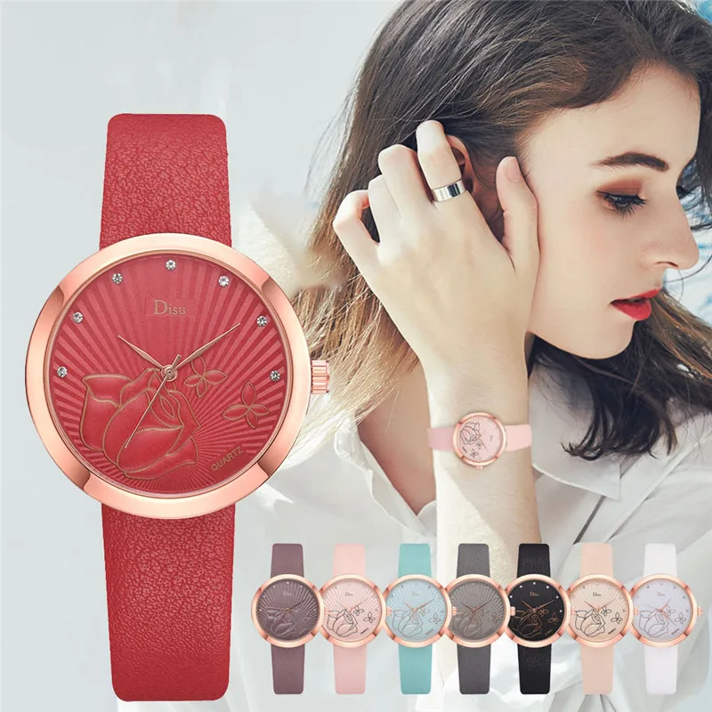 

DISU New Fashion Simple Watches Temperament Trend Rose Butterfly Dial Quartz Belt Ladies Watch montre femme Red Clock Women #A