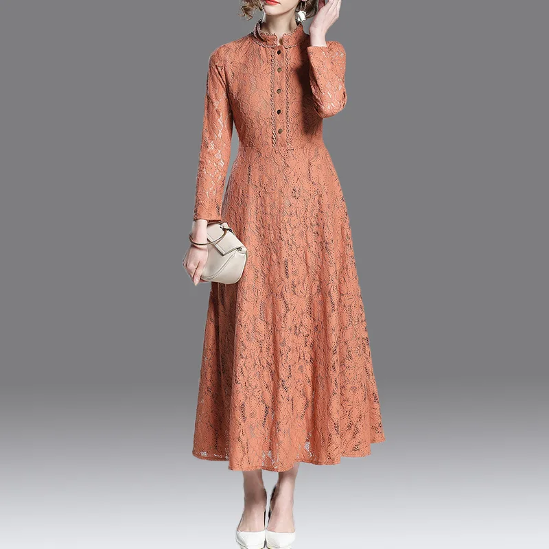 

2018 autumn Vintage women dresses long-sleeved stand collar slim long dress Elegance Ankle-Length lace dress