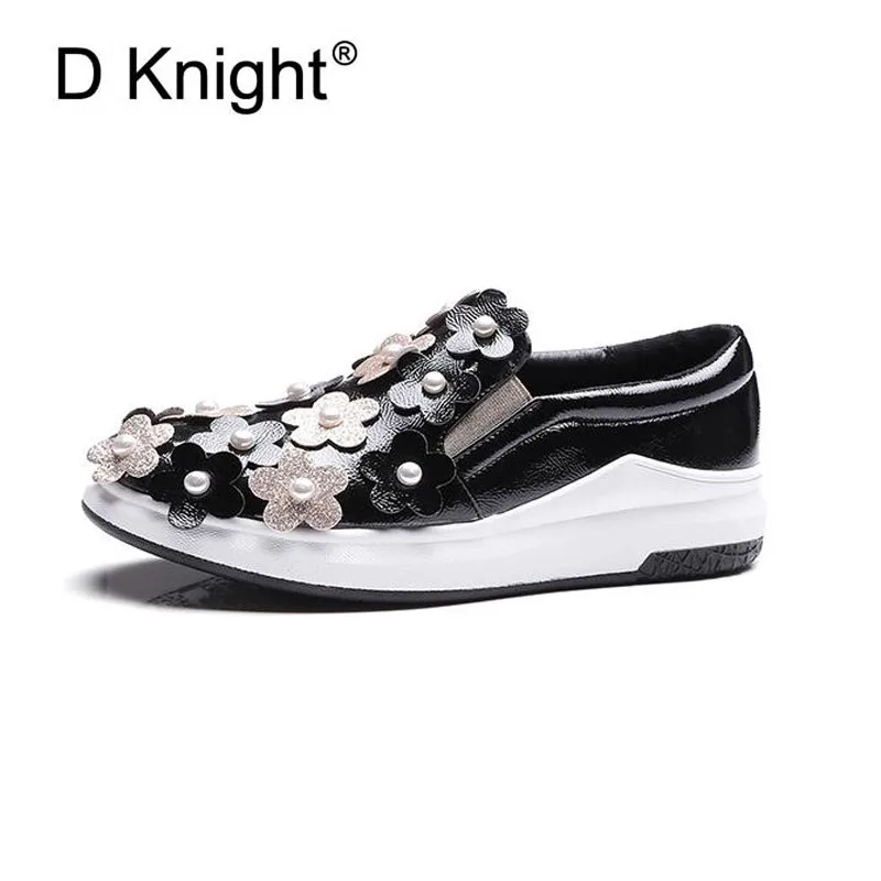 

Flowers Creepers Flats Shoes Woman Round Toe Loafers Comfort Slip On Casual Platform Women Shoes Shallow Glitter Pearl Shoes 43