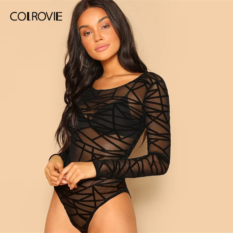 COLROVIE الأسود سكوب الرقبة جيو شبكة شير نحيل مثير ارتداءها النساء 2019 الأزياء طويلة الأكمام نادي ليلة خارج السيدات داخلية