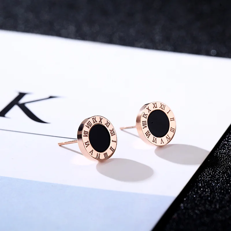 

Fashion Jewelry, Classic Roman Numeral set with black titanium steel Ear Studs, Rose gold earrings wholesale