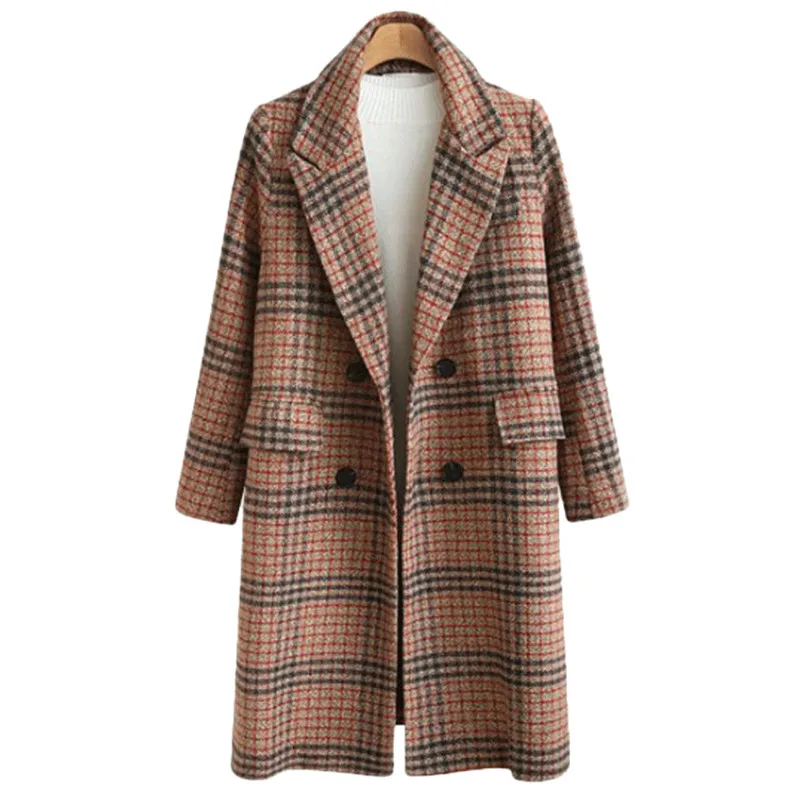 2019 высокое качество шерстяное пальто с рисунком в клетку Женская мода длинное пальто