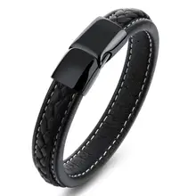 Granny Chic Charm Black Leather Bracelet for Men Jewelry Stainless Steel Steel Chain Braid Rope Chain Wristband 12mm 21cm