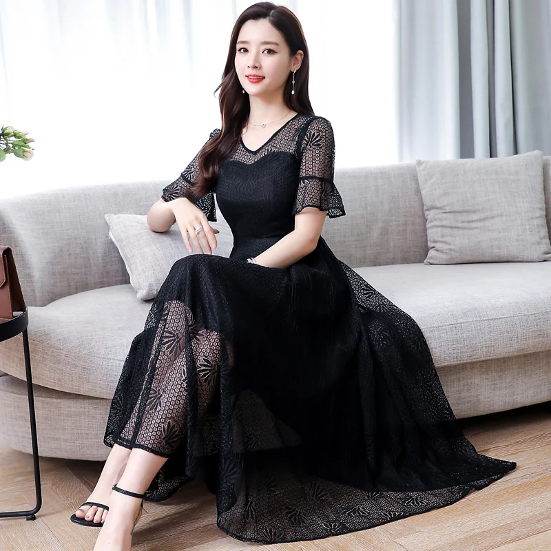 

Plus Size M-4XL 2019 Summer New Arrival Elegant Round Collar Flare Sleeve Woman Chiffon Long Lace Dress