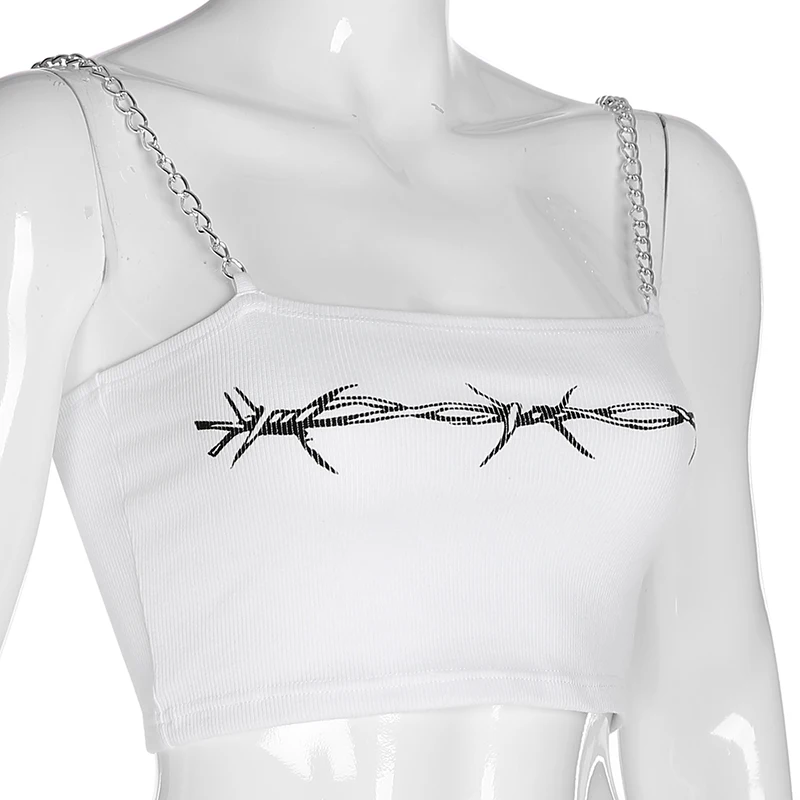 Weekeep Printed Metal Chain Tank Top Women White Knitted Backless Crop Top Summer Streetwear Sleeveless Crop Tops