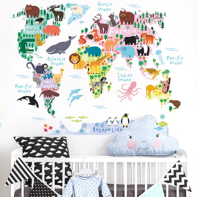 new 037 cartoon animals world map wall decals for kids rooms office home decorations pvc wall stickers diy mural art posters