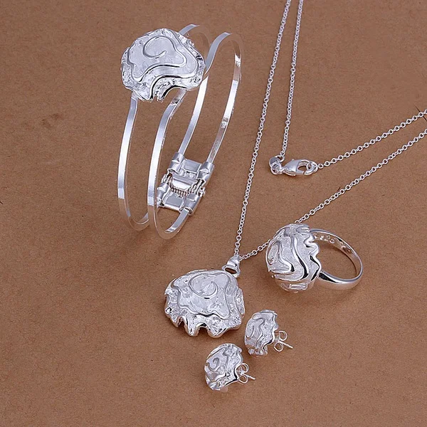 Hot wedding jewelry female noble for women roses necklace bracelet ring Stud Earrings fashion Silver color jewelry sets S322