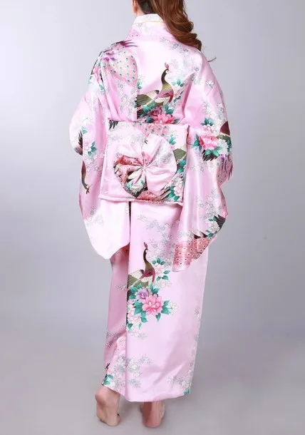 Розовый Азиатский японский Винтаж оригинальная традиция шелк юката кимоно платье с Оби Один размер H0058
