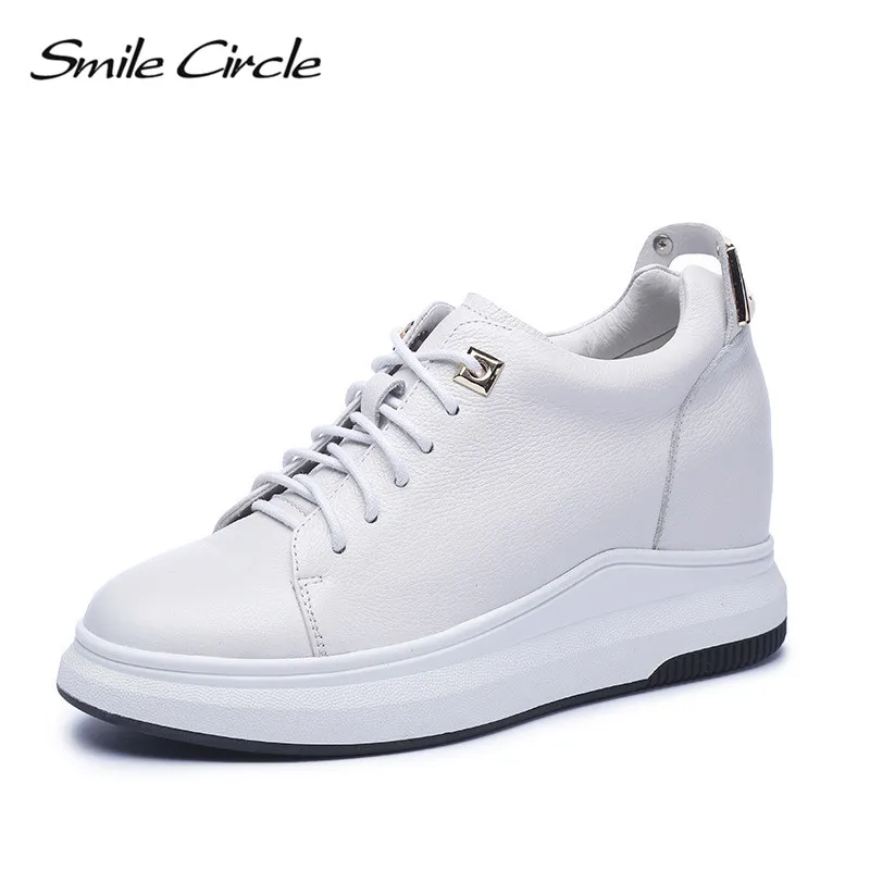Femmes Plateforme Cuir Lacet blanc Cercle À En Talons Noir De Sneakers Véritable Décontractées Mode Coins 2018 Chaussures Sourire up Hauts WDHEI29
