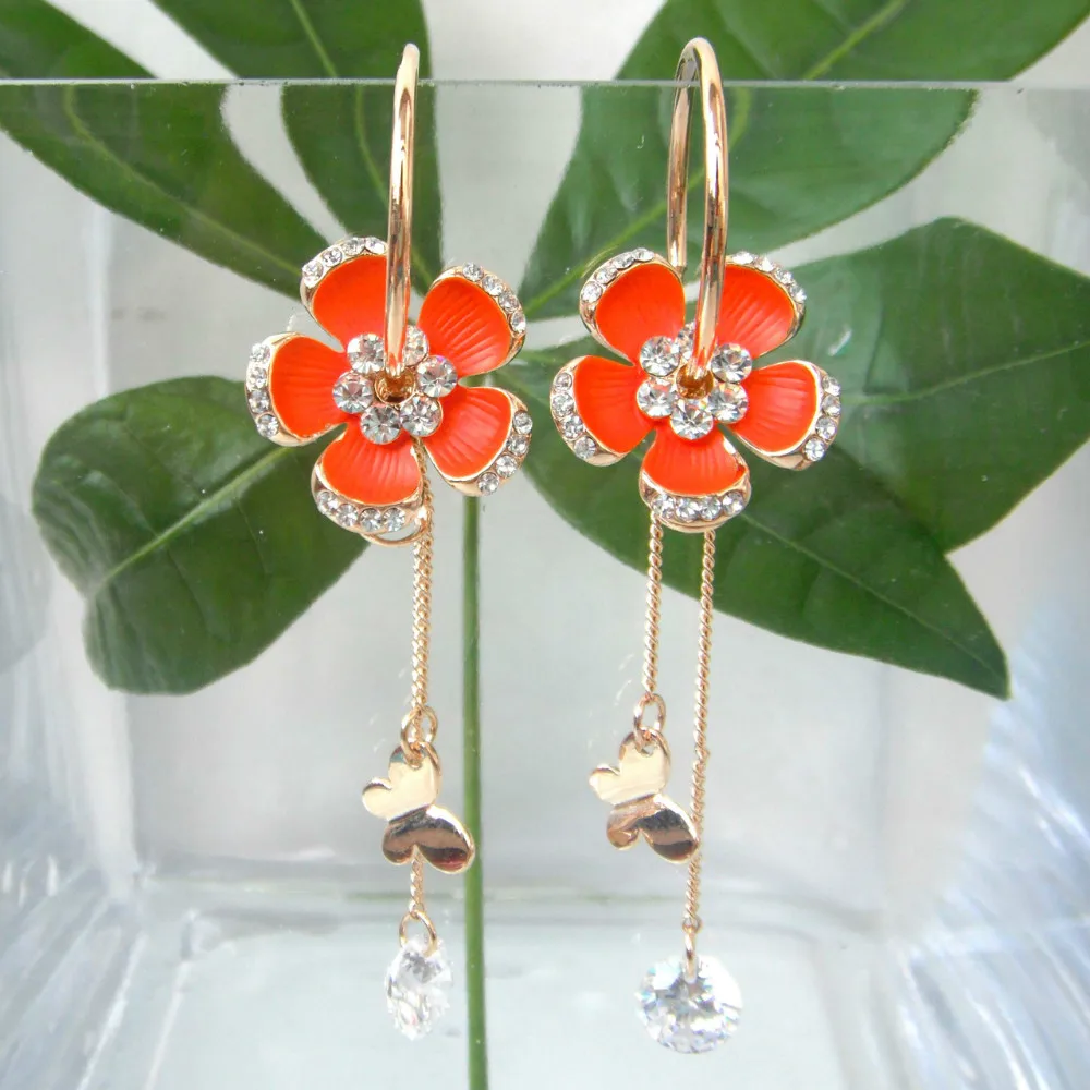 

Navachi Orange Enamel Flower Yellow Clear Zircon Crystal Rhinestone Hoop Free Shipping Dangle Earrings SMT2898