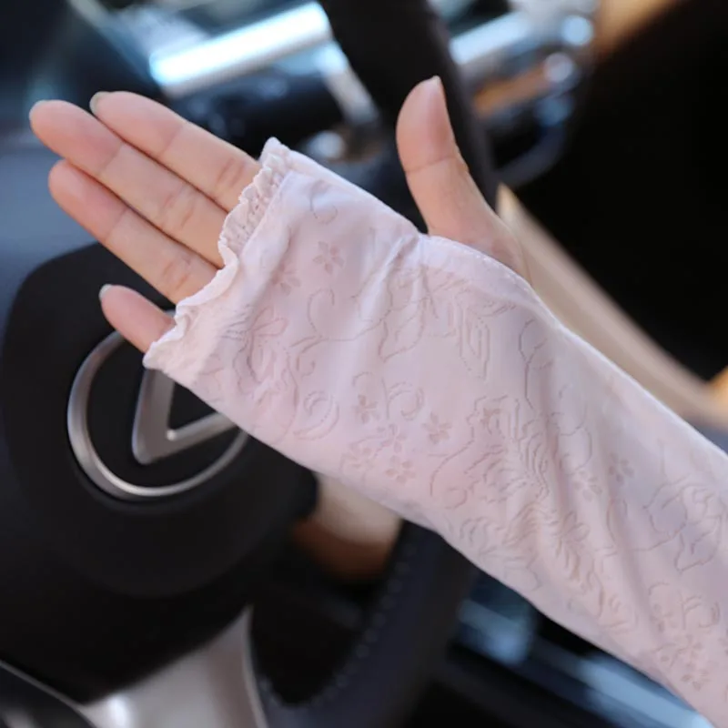 Summer Ice Silk Women Gloves Sun Protection Anti-UV Long  Fingerless Mittens Half Finger Hand Sleeve Ladies Driving Gloves (7)