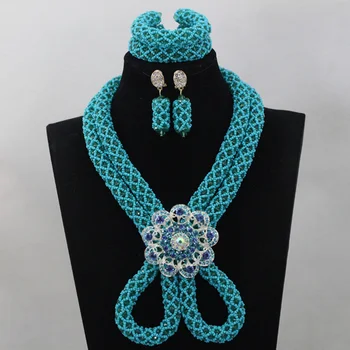 

Luxury Blue Nigerian African Wedding Crystal Bead Jewelry Set Dubai Bride Necklace Set Free Shipping QW134