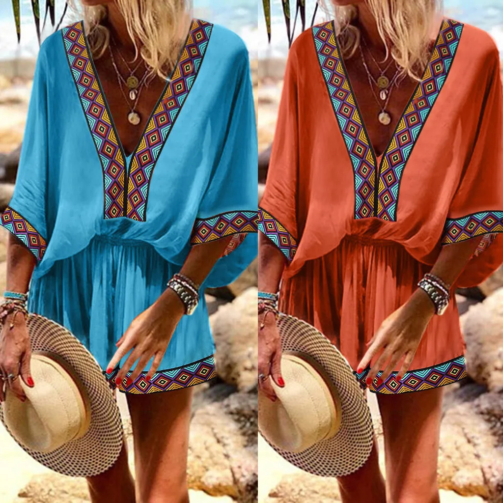 

Body Femme Mono Mujer Largo Elegante Combishort Body Mujer Beach Lace Patchwork V-Neck 3/4 Flare Sleeve Romper Playsuits Z4