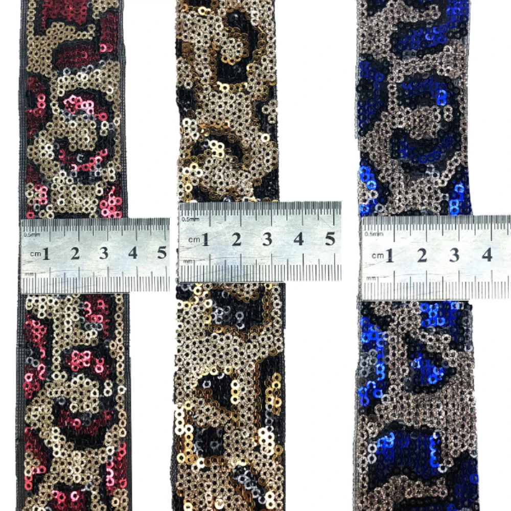 Lychee Life Leopard Print Lace Trims 2 Yards Sequined African Lace Ribbon DIY Sewing Material Lacework Accessories for Dress