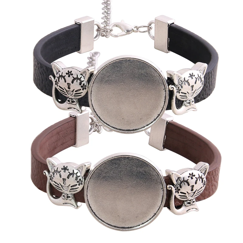 

5pcs fit 25mm Two color smile Cat Round cabochon bracelet blanks diy PU leather bracelets base settings for jewelry making