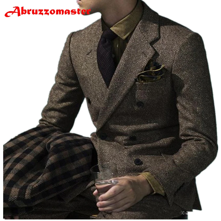 

Abruzzomaster Brown Tweed Men Suits Designs Jacket Tuxedo Custom Style Suits Groom Prom Blazer 2 Piece Harringbone Wedding Suits