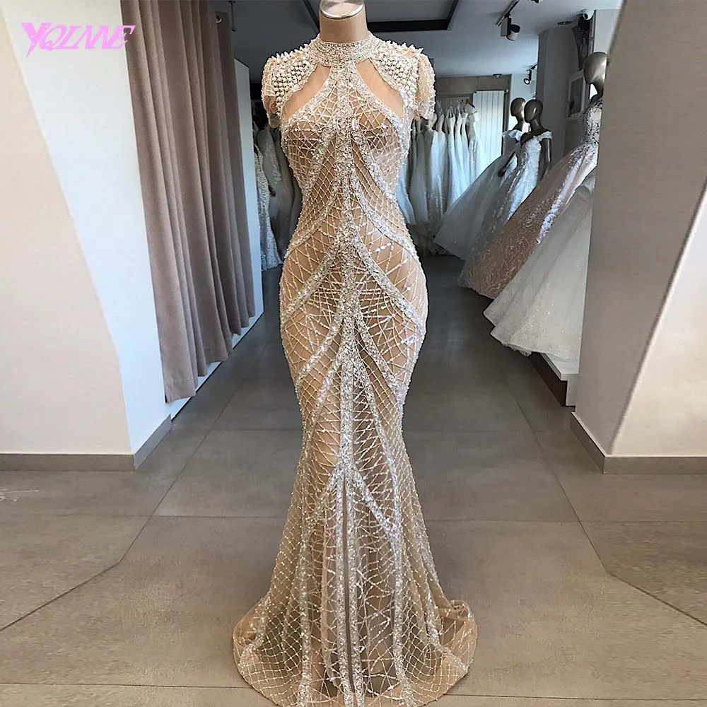Stunning Crystal Evening Dress Long 2020 High Neck Beaded Cap Sleeve Formal Gown Mermaid Dresses Sparkly YQLNNE Stunning Crystal Evening Dress Long 2020 High Neck Beaded Cap Sleeve Formal Gown Mermaid Dresses Sparkly YQLNNE