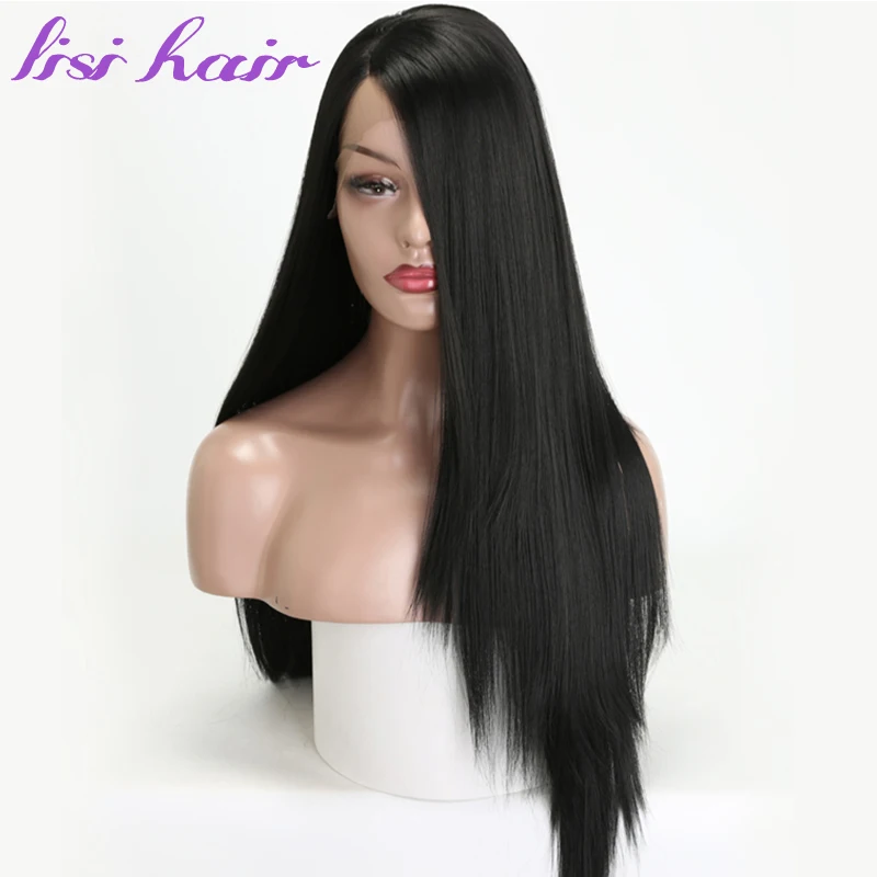 LISI HAIR 26 inches black golden Cyan Pink long Straight Synthetic Front Lace Wigs For Black Women African American hair