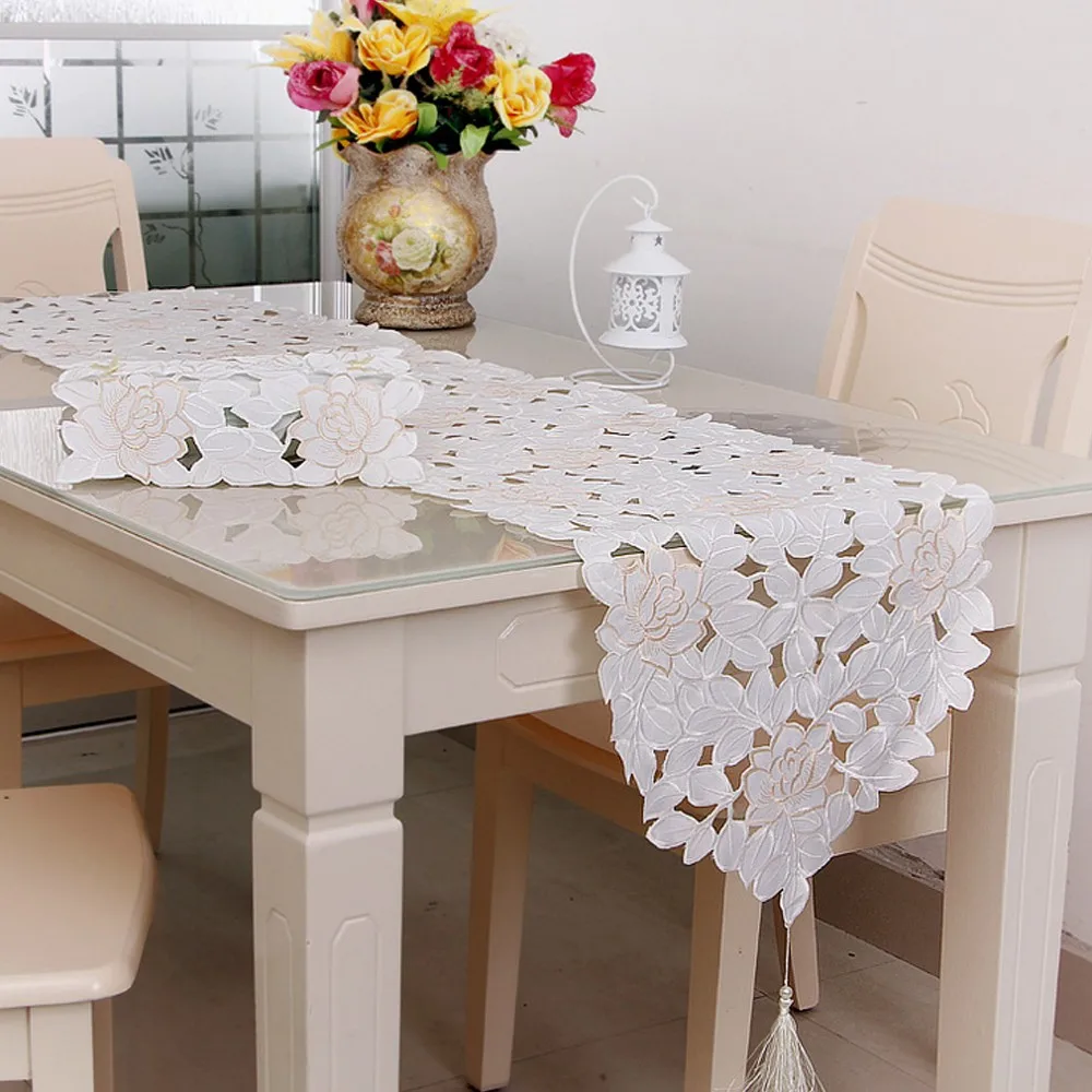 RAYUAN Vintage White Floral Table Runner Embroidered Flower Cutwork