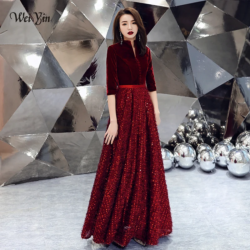 

wei yin 2022 Wine Red Evening Dress V-neck Half Sleeve Lace Sequins Floor-length Formal Prom Gowns Custom Robe De Soiree WY1615