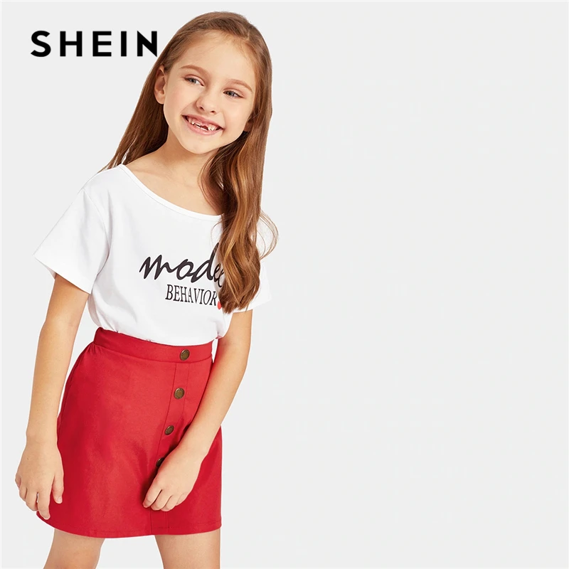 SHEIN Kiddie Letter Print Tee And Button Skirt Teenager Girls Outfits Clothing 2019 Summer Short Sleeve Casual Kids Clothes SHEIN Kiddie Letter Print Tee And Button Skirt Teenager Girls Outfits Clothing 2019 Summer Short Sleeve Casual Kids Clothes