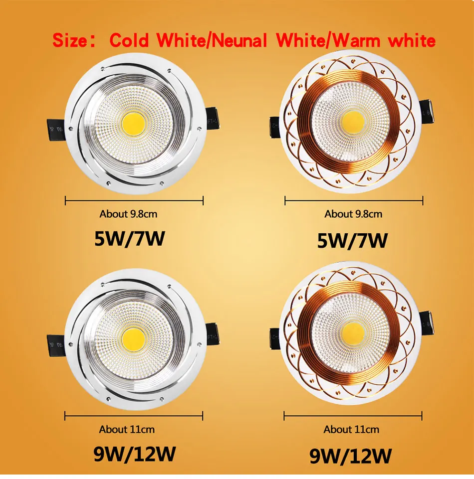Светодиодный вниз светильник утопленный потолочный светильник светодиодный COB Точечный светильник 110V 220v 5W 7W 9W 12W светодиоидная лампа с регулируемой яркостью Спальня Крытый светодиодный вниз светильник лампочка