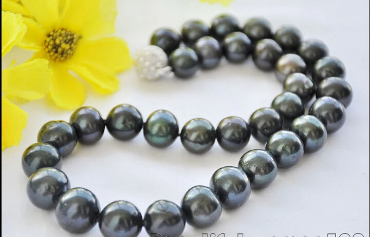 

fastz6734 A++ 14mm ROUND BLACK fw cultured PEARL NECKLACE ball CLASP 17inc