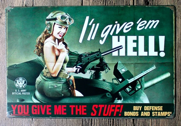 

1 pc US Army Motivation lady sexy Hell Machine gun Tin Plate Sign wall plaques Man cave vintage Dropshipping metal Poster
