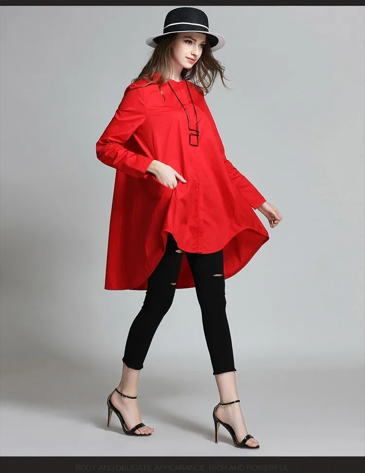 Европейский дизайн негабаритных женщин трапециевидной формы Свободная блузка Асимметричный весна осень плюс размер 4XL Женская Повседневная Длинная рубашка черный красный