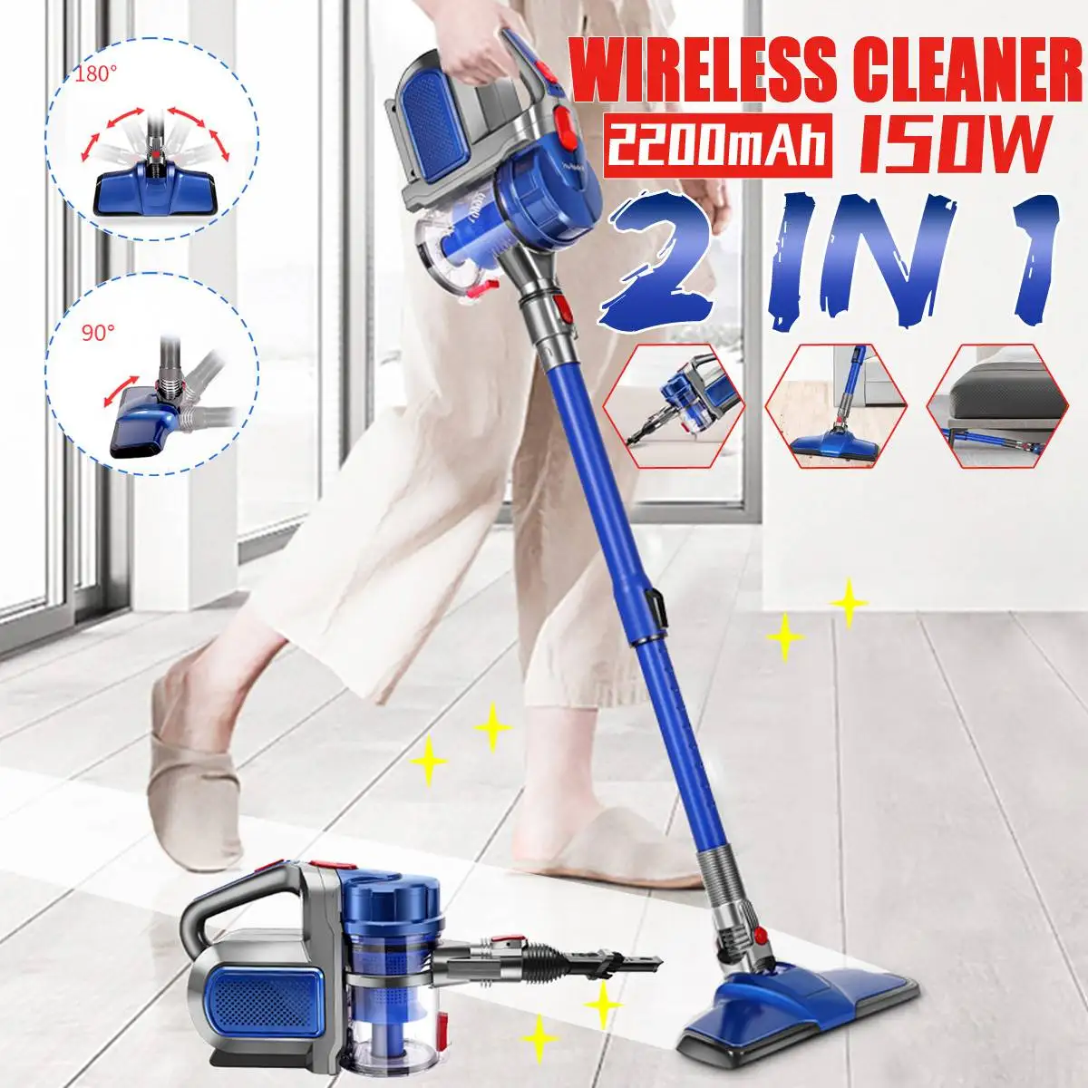 

150W Cyclone Filter 8000Pa Cordless Handheld Wireless Cleaner Lightweight Large Suction Stick Handheld Portable Vacuum 2 in 1