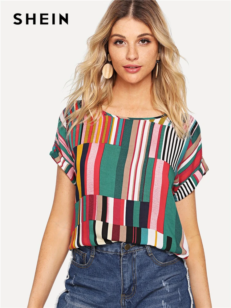 SHEIN Multicolor Mix Striped Print Rolled Up Tee Casual Scoop Neck Colorblock T-Shirt Women Summer Short Sleeve Tops SHEIN Multicolor Mix Striped Print Rolled Up Tee Casual Scoop Neck Colorblock T-Shirt Women Summer Short Sleeve Tops