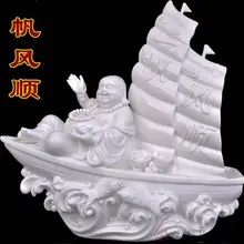 1" Изысканный китайский белый фарфор Dehua счастливый смех Будда на вентилятор лодка Статуэтка рыбы