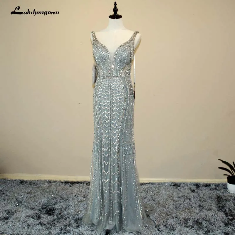 Deep-V Sexy Mermaid Sequined Evening Dresses 2018 Full Crystal Elegant Grey Gowns Robe de Soiree Longue | Свадьбы и торжества
