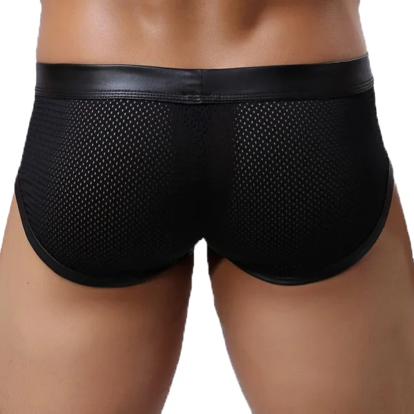 Sexy Gay Underwear Men Mesh Faux Leather Boxers Shorts Man Breathable Low Rise U Convex Pouch Underpants Cueca calzoncillo S-L