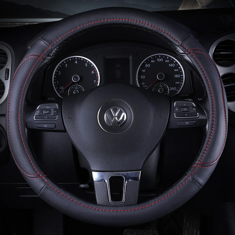 

KKYSYELVA Black Car Sport Steering Wheel Cover Leather Auto Steering Covers Universal 38CM wheel covers Car Inter Accessories