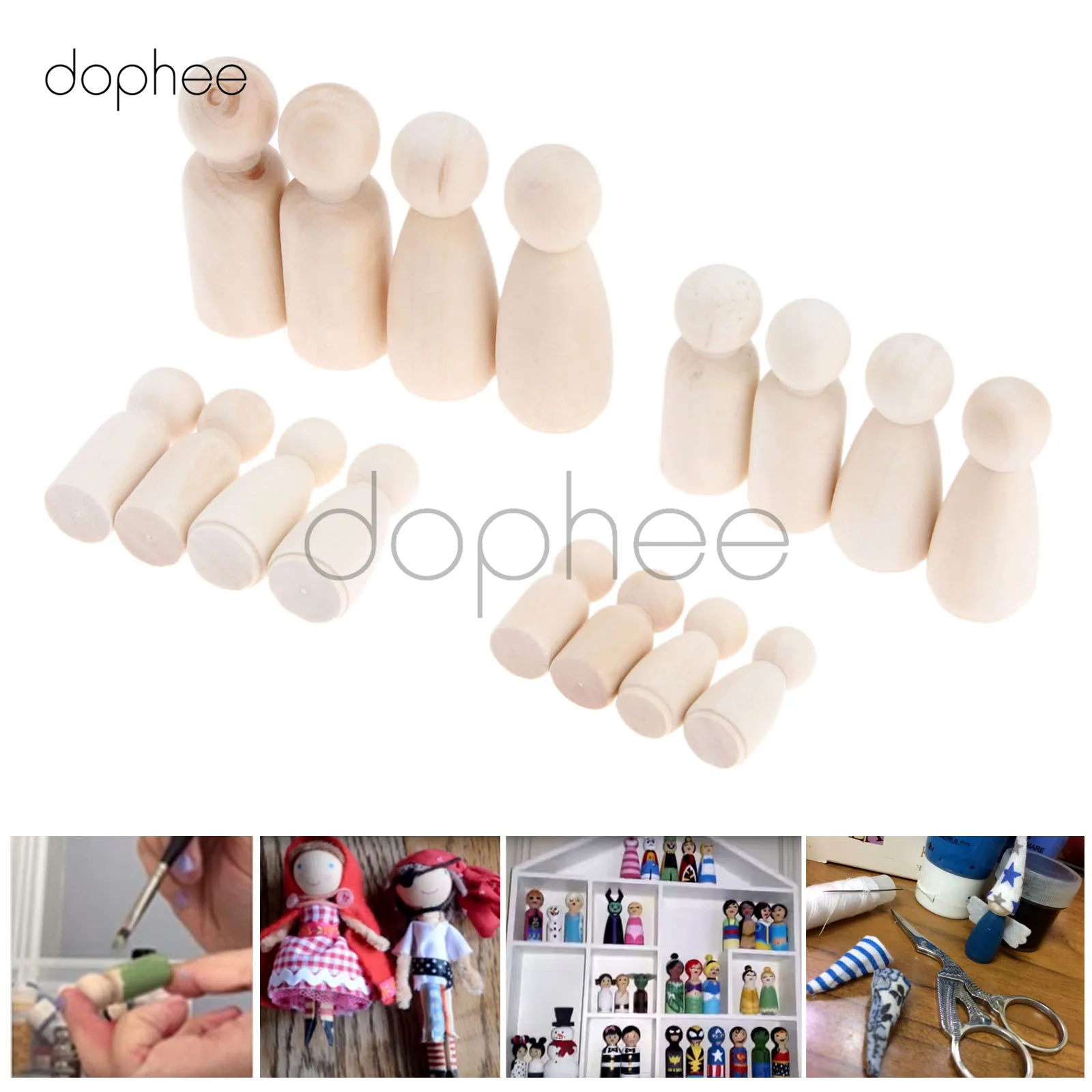 Dophee 16 шт Смешанные 35/43/55/65 мм деревянные колышки для кукол Неокрашенные Фигурки