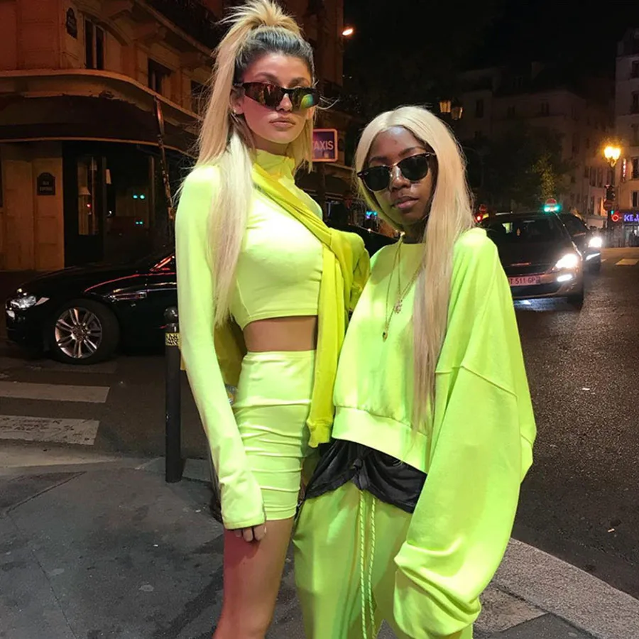 

New Female Fluorescence Fitness 2 piece tracksuit SetsAutumn Full Sleeve Zipper Turtleneck Tops And High Waist Shorts Suits