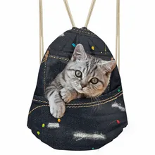 ThiKin Fashion Women Drawstring Bag Black Denim Cat Print Storage Bag Soft Beach Bags Kids Boys