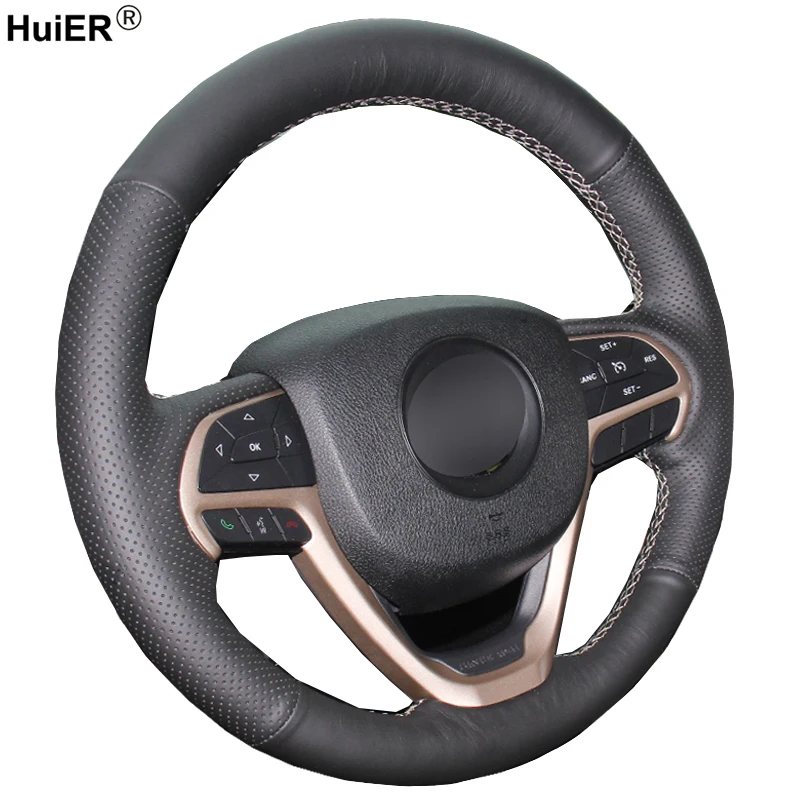 HuiER Hand Sew Car Steering Wheel Cover Breathable Black Leather For