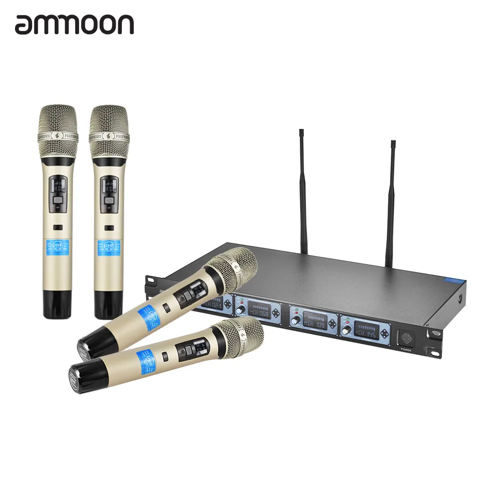 Ammoon 4d-b Профессиональный 4-канальный UHF Беспроводной микрофон Системы 4 Микрофоны 1 приемник 6.35 мм аудио кабель ЖК-дисплей Дисплей