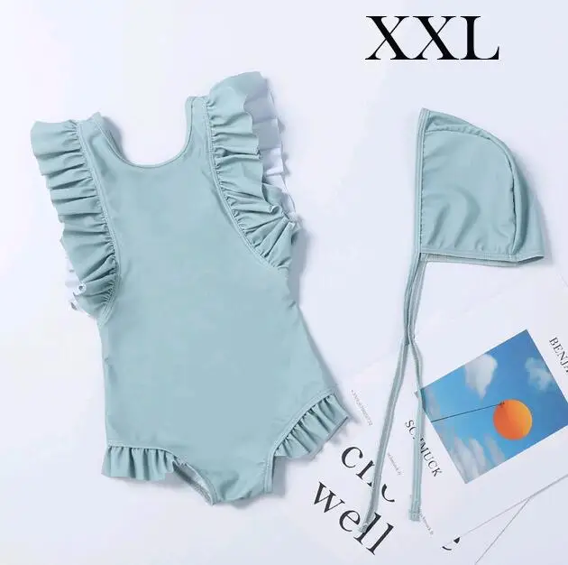 XXL Купальники для девочек, милый купальник с шапочкой для плавания, однотонный купальный костюм для маленьких девочек, цельная пляжная одежда для детей, От 1 до 8 лет - Цвет: XXL