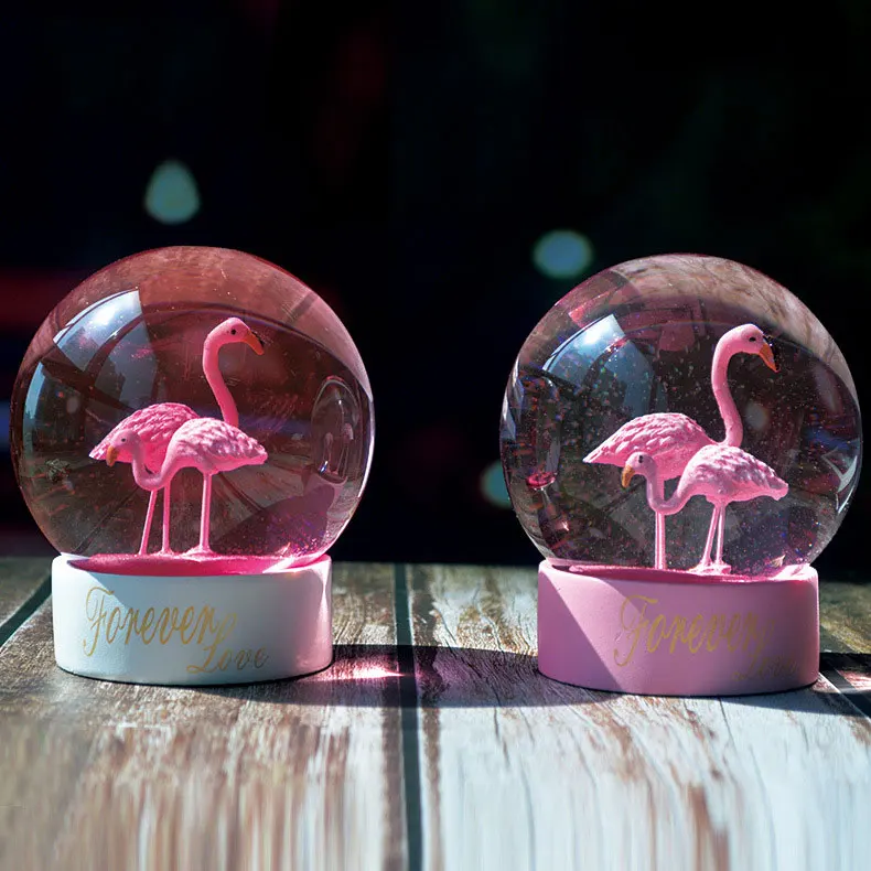 

9*12CM 2019 NEW Flamingos Snow Globes Glass Crystal Ball Home Desktop Decor Wedding Birthday Christmas Snowflake Ball Gifts